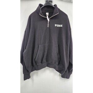 Victoria Secret Pink Large Pure Black Holiday Ivy Fleece Quarter Zip Sweatshirt